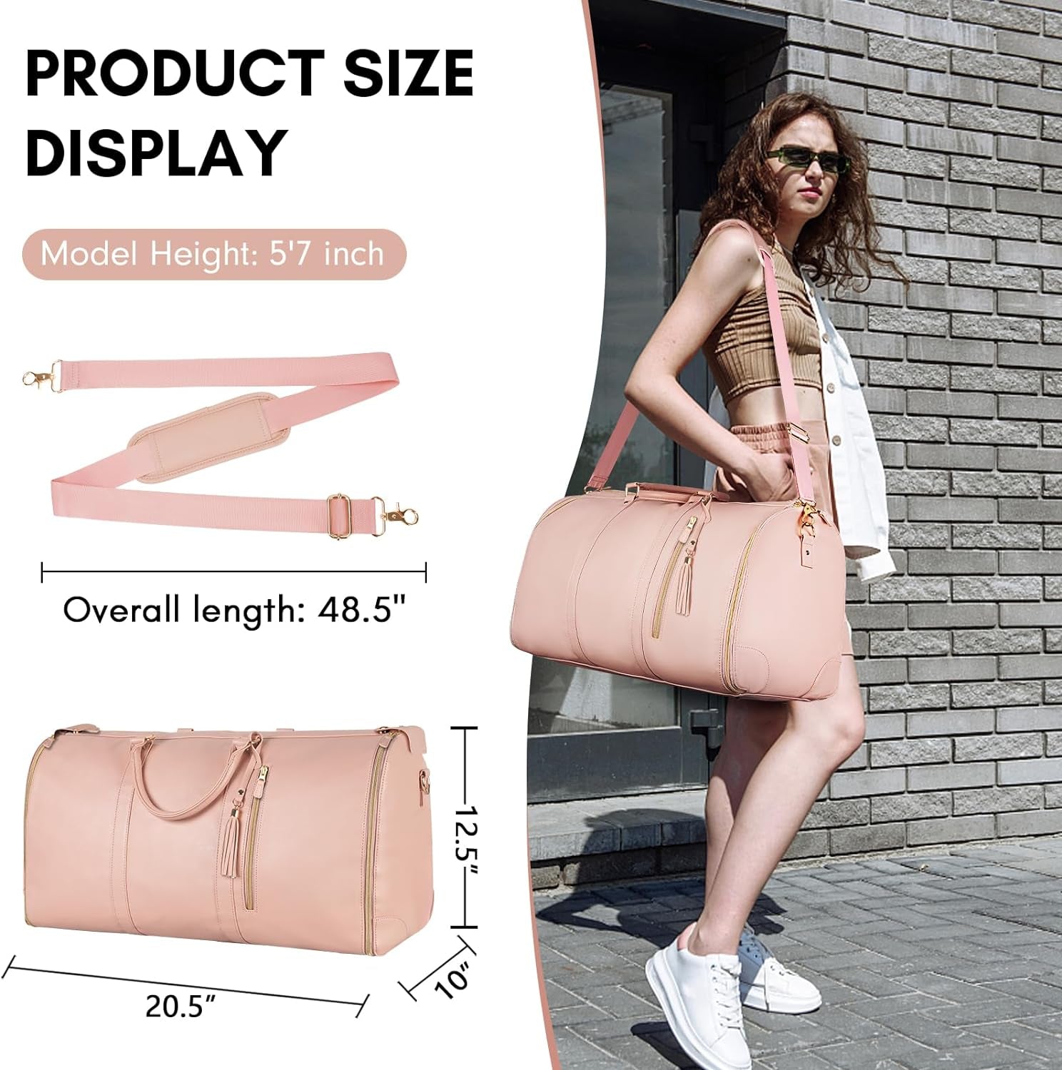 Carry on Garment Bag, Large PU Leather Duffle Bag for Women, Waterproof Garment Bags for Travel with Shoe Pouch, 2 in 1 Hanging Suitcase Suit Travel Bags, Gifts for Women, Pink