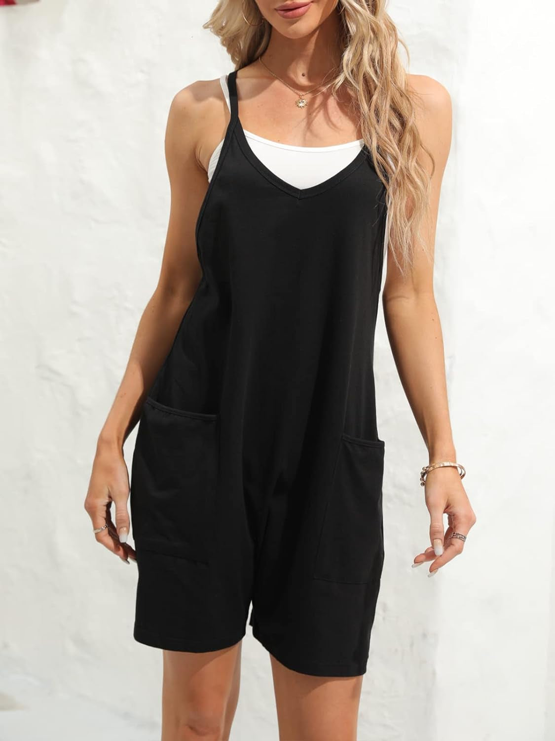 Womens Summer Casual Sleeveless Rompers Loose Spaghetti Strap Shorts Jumpsuit with Pockets