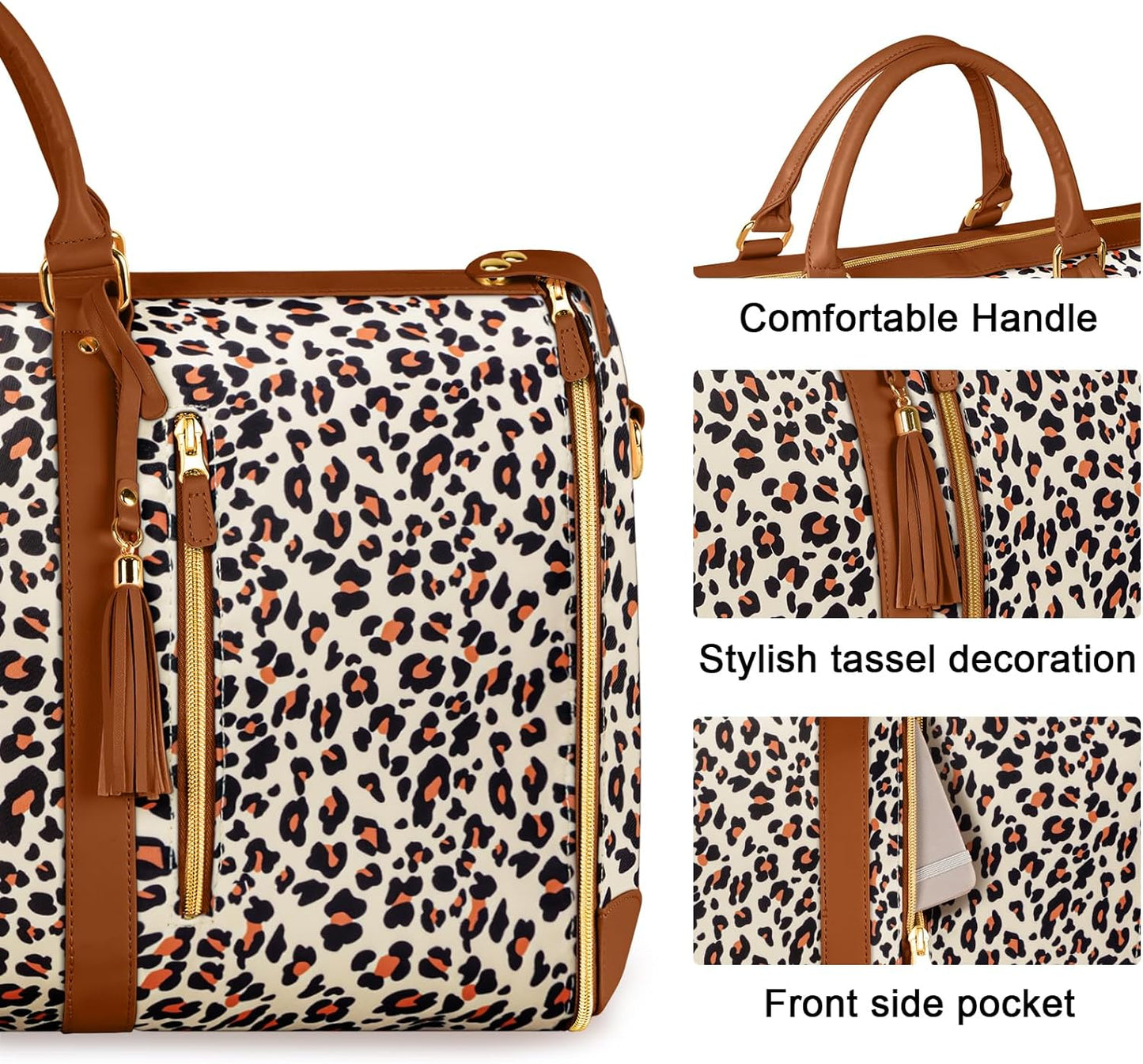 Convertible Garment Bags for Travel, Large Carry on Garment Weekender Bag, Water Resistant Travel Duffel Bags with Shoe Pouch, 2 in 1 Hanging Suitcase Suit Travel Bags, Gifts for Women, Leopard