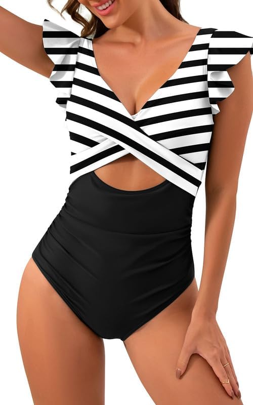 Women'S One Piece Swimsuit Ruffle Cutout Bathing Suits Slimming Tummy Control V Neck Wrap Swimwear