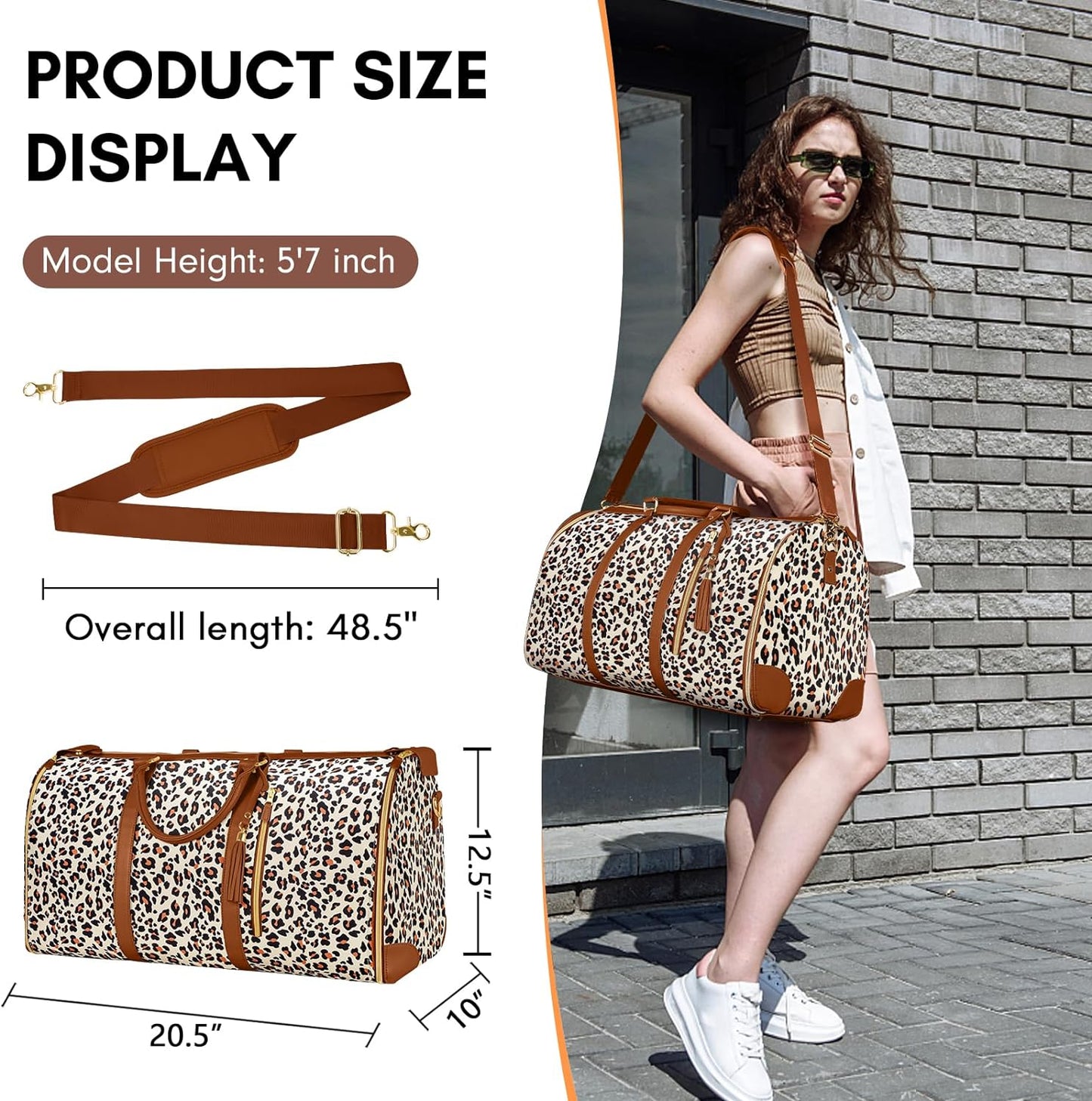 Convertible Garment Bags for Travel, Large Carry on Garment Weekender Bag, Water Resistant Travel Duffel Bags with Shoe Pouch, 2 in 1 Hanging Suitcase Suit Travel Bags, Gifts for Women, Leopard