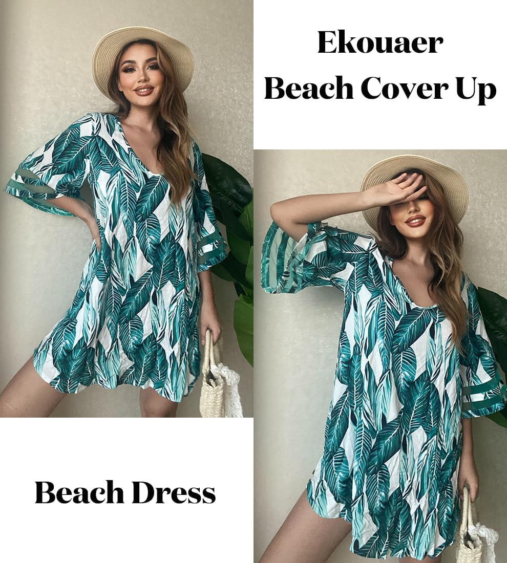 Women's Swimsuit Cover up 3/4 Bell Sleeve Beachwear Coverups Deep V-Neck Bikini Beach Dress S-3XL