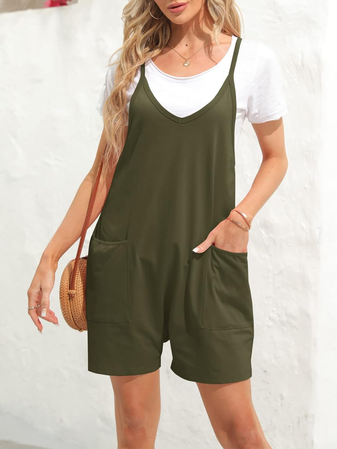 Womens Summer Casual Sleeveless Rompers Loose Spaghetti Strap Shorts Jumpsuit with Pockets