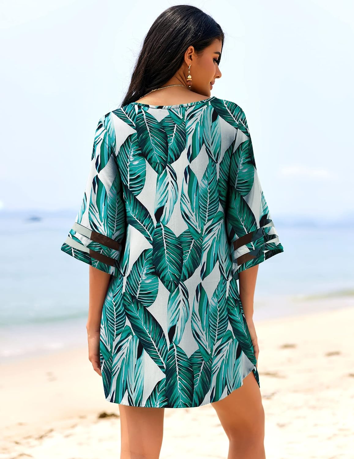 Women's Swimsuit Cover up 3/4 Bell Sleeve Beachwear Coverups Deep V-Neck Bikini Beach Dress S-3XL