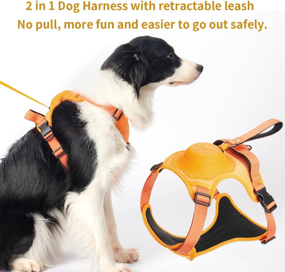 Upgrade Adjustable Dog Vest with Retractable Leash for Large Dogs, No Pull Control Easy Walk Dog Harness with Auto-Lock Leash Orange XL for Large Dog