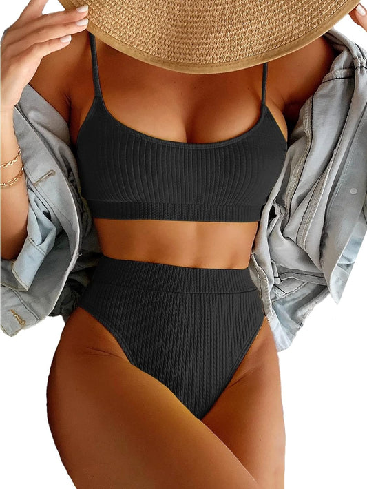 High Waisted Tummy Control Ribbed Bikini Crop Top Brazilian Swimsuit Set 2 Piece