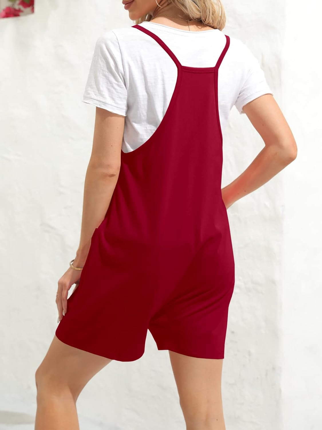 Womens Summer Casual Sleeveless Rompers Loose Spaghetti Strap Shorts Jumpsuit with Pockets