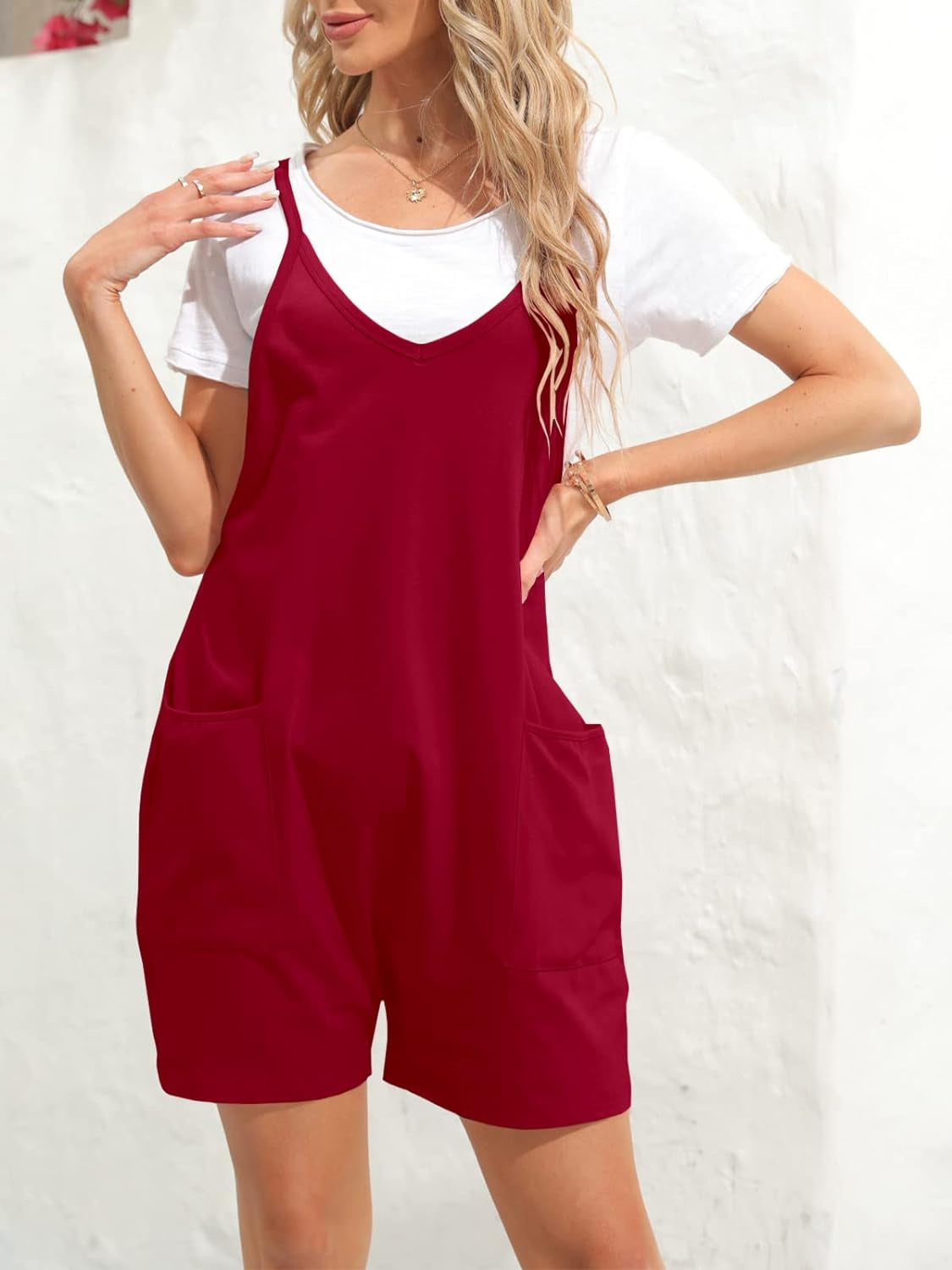 Womens Summer Casual Sleeveless Rompers Loose Spaghetti Strap Shorts Jumpsuit with Pockets