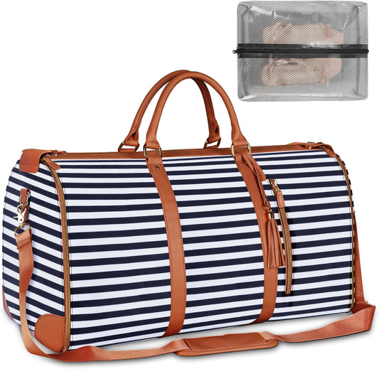 Large Convertible Garment Bags for Travel, Waterproof Carry on Duffle Bag with Shoe Pouch, 2 in 1 Hanging Suitcase Suit Travel Bags, Gifts for Women, Royal Blue Stripe