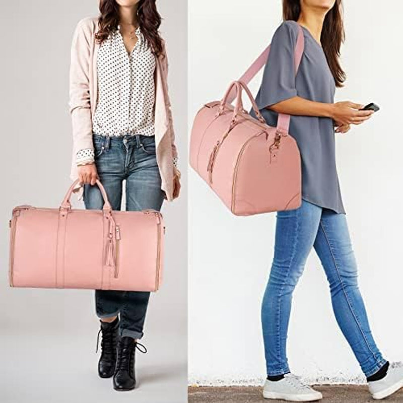 Carry on Garment Bag, Large PU Leather Duffle Bag for Women, Waterproof Garment Bags for Travel with Shoe Pouch, 2 in 1 Hanging Suitcase Suit Travel Bags, Gifts for Women, Pink