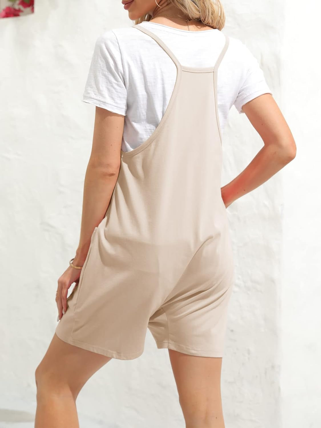 Womens Summer Casual Sleeveless Rompers Loose Spaghetti Strap Shorts Jumpsuit with Pockets