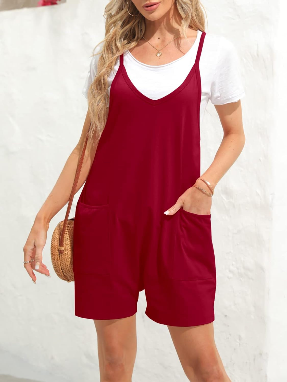 Womens Summer Casual Sleeveless Rompers Loose Spaghetti Strap Shorts Jumpsuit with Pockets